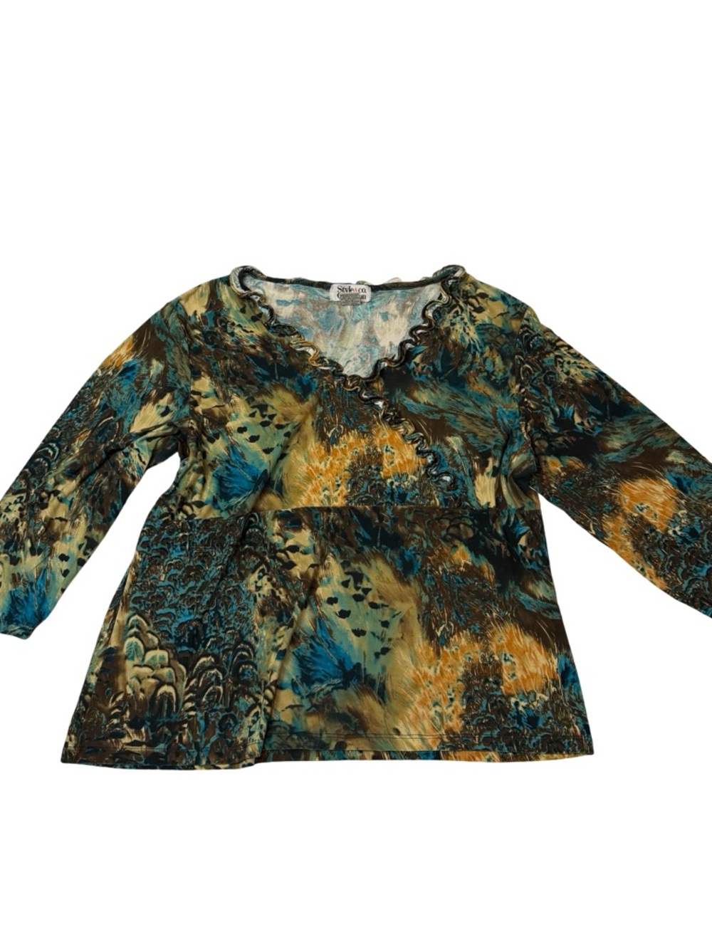 Style & Co. Teal and Brown Ruffled V-Neck Blouse